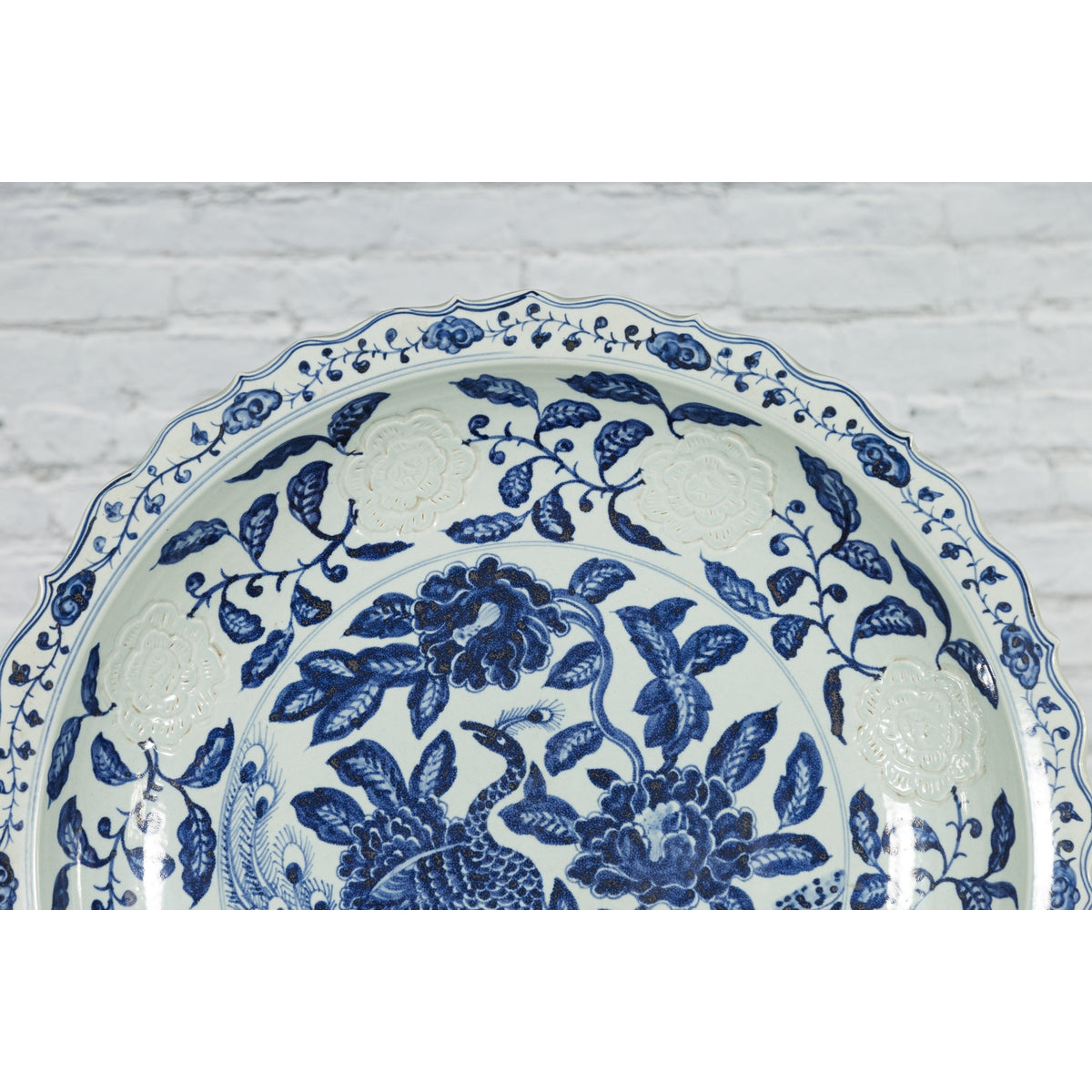 Large Chinese Porcelain Charger Plate with Hand-Painted Blue and White Décor-7. Asian & Chinese Furniture, Art, Antiques, Vintage Home Décor for sale at FEA Home
