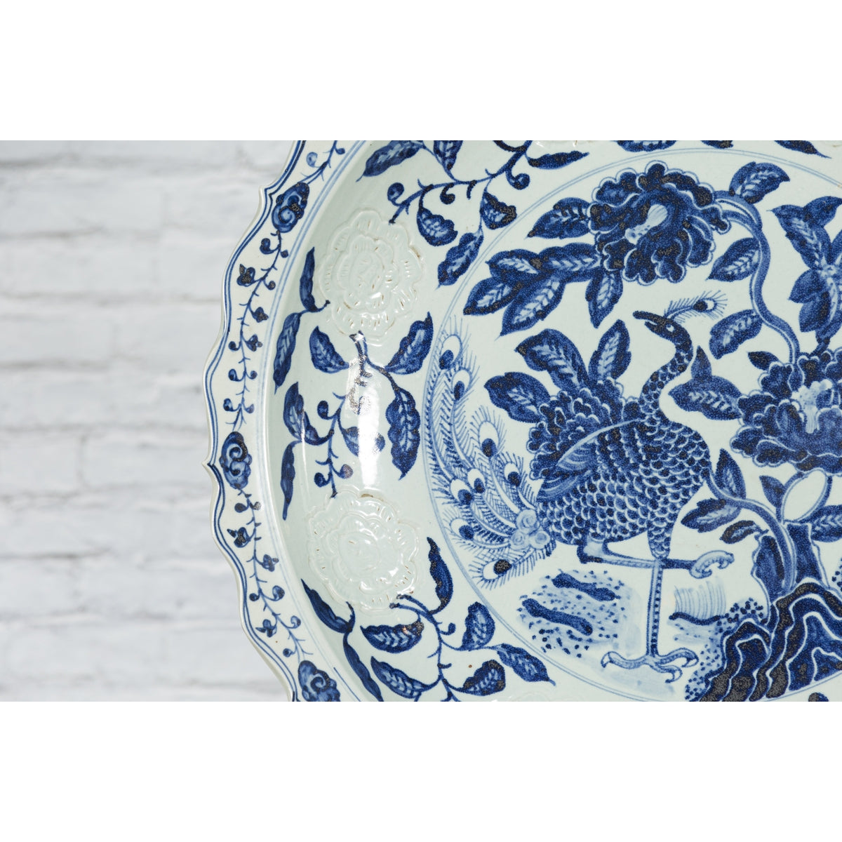 Large Chinese Porcelain Charger Plate with Hand-Painted Blue and White Décor-9. Asian & Chinese Furniture, Art, Antiques, Vintage Home Décor for sale at FEA Home