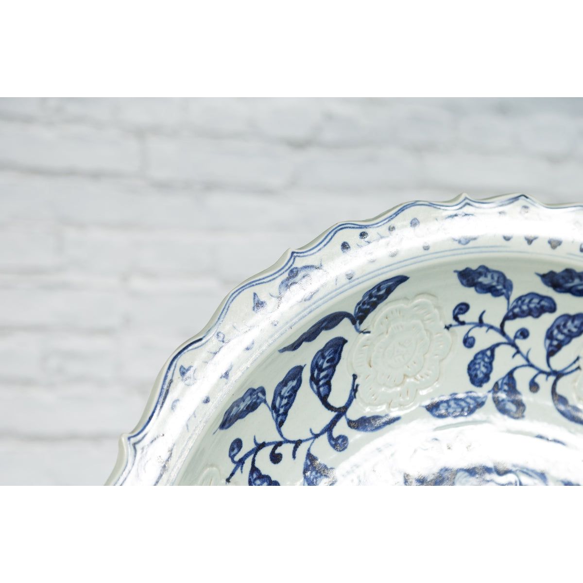 Large Chinese Porcelain Charger Plate with Hand-Painted Blue and White Décor-12. Asian & Chinese Furniture, Art, Antiques, Vintage Home Décor for sale at FEA Home