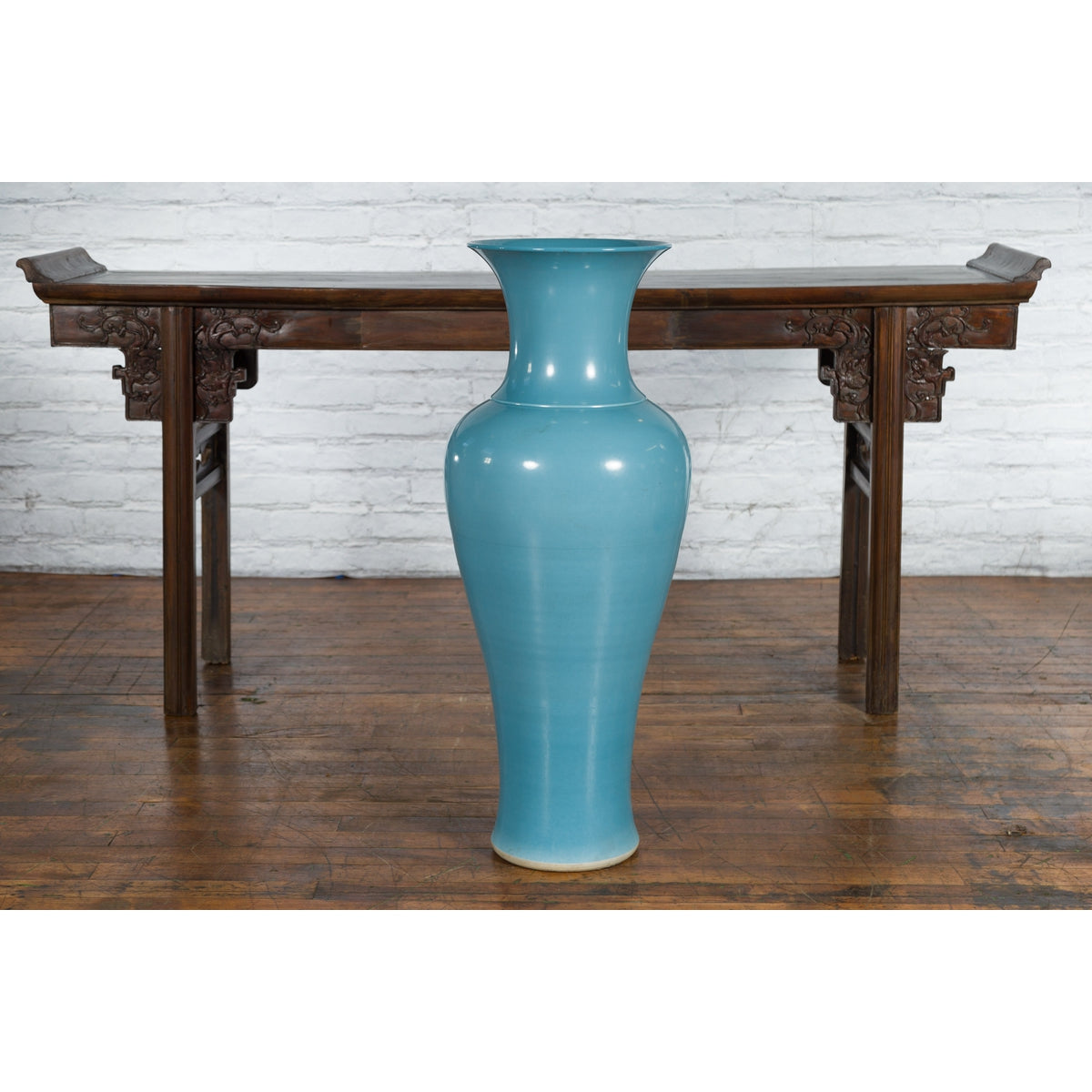 Tall Prem Collection Soft Blue Glazed Artisan Ceramic Vase with Flaring Neck-2. Asian & Chinese Furniture, Art, Antiques, Vintage Home Décor for sale at FEA Home