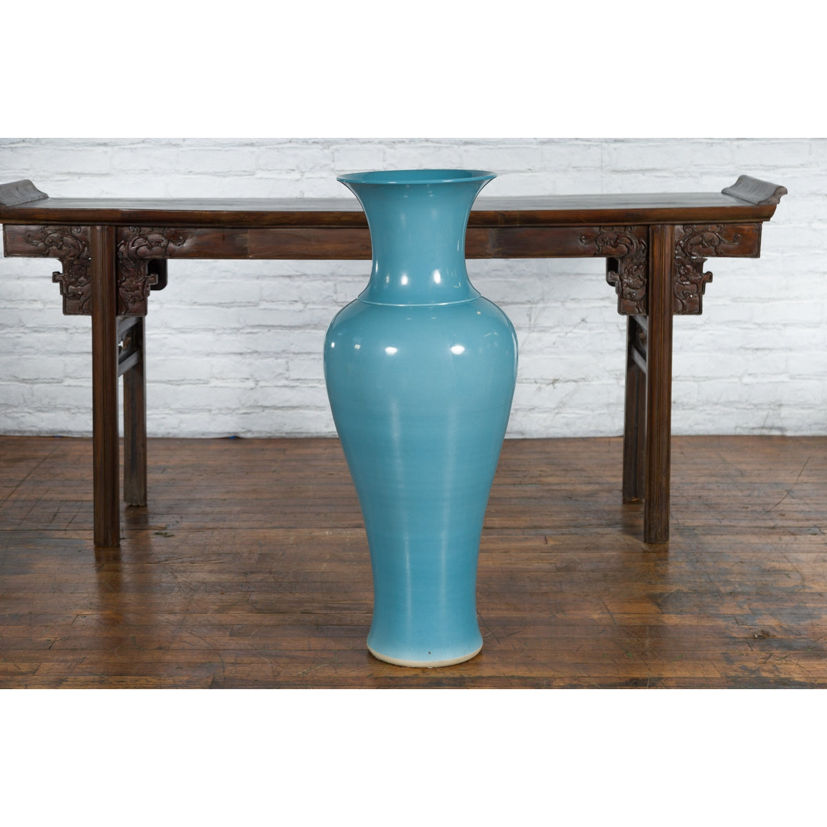 Tall Prem Collection Soft Blue Glazed Artisan Ceramic Vase with Flaring Neck-3. Asian & Chinese Furniture, Art, Antiques, Vintage Home Décor for sale at FEA Home