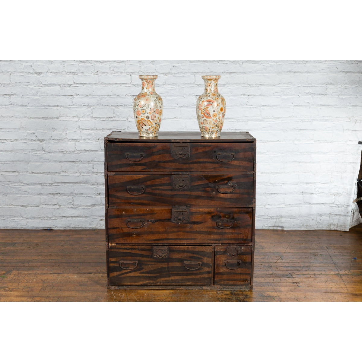 Japanese Meiji Zebra Wood Tansu Chest in Isho-Dansu Style with Five Drawers-3. Asian & Chinese Furniture, Art, Antiques, Vintage Home Décor for sale at FEA Home