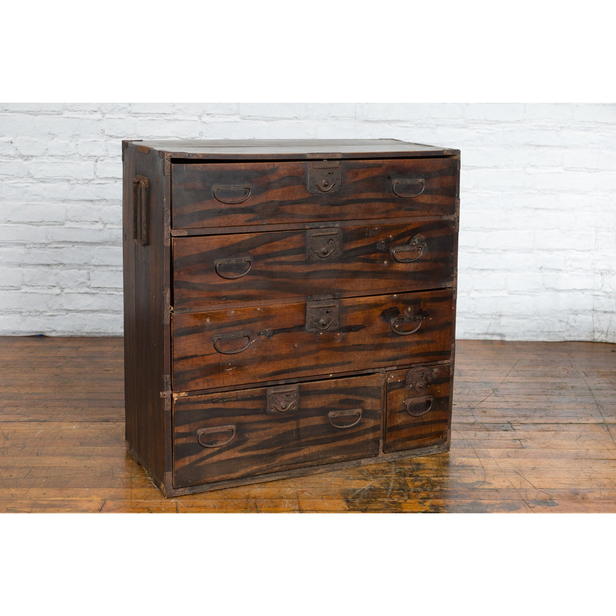 Japanese Meiji Zebra Wood Tansu Chest in Isho-Dansu Style with Five Drawers-13. Asian & Chinese Furniture, Art, Antiques, Vintage Home Décor for sale at FEA Home