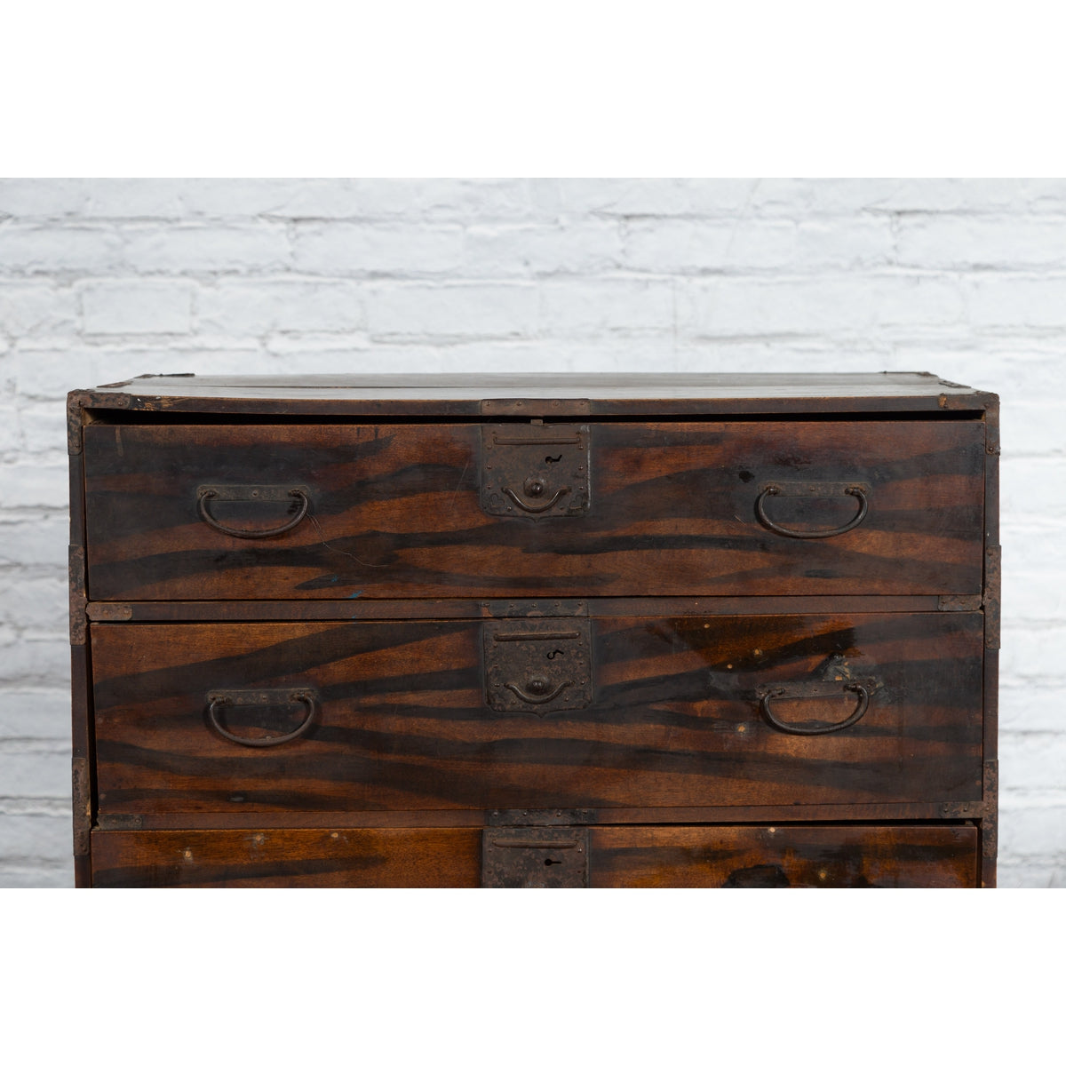 Japanese Meiji Zebra Wood Tansu Chest in Isho-Dansu Style with Five Drawers-5. Asian & Chinese Furniture, Art, Antiques, Vintage Home Décor for sale at FEA Home