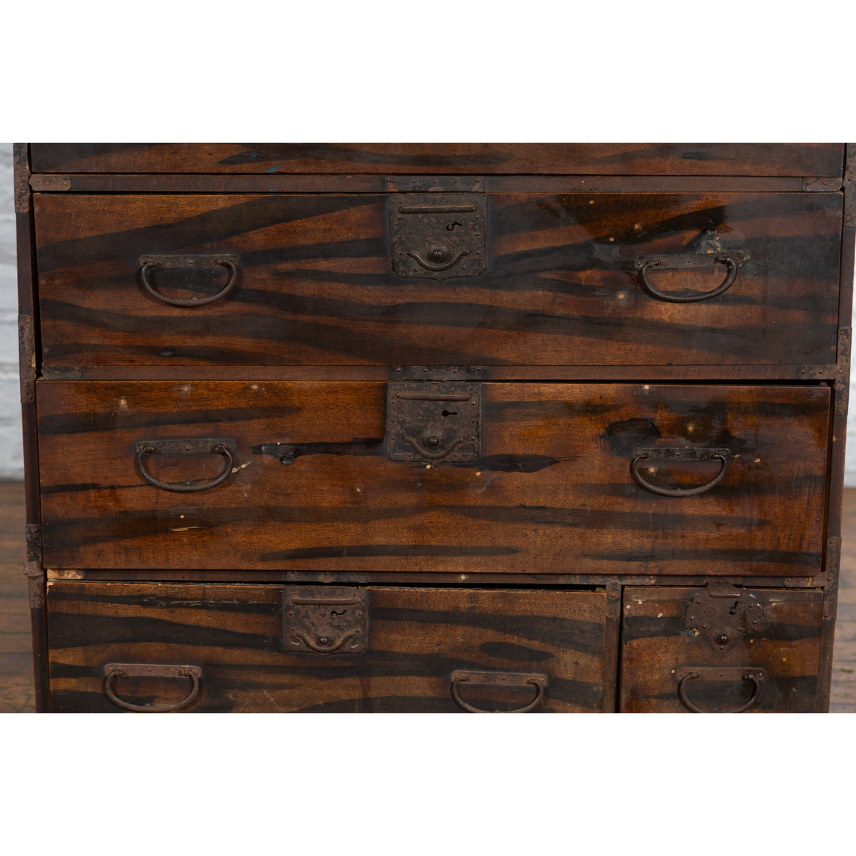 Japanese Meiji Zebra Wood Tansu Chest in Isho-Dansu Style with Five Drawers-6. Asian & Chinese Furniture, Art, Antiques, Vintage Home Décor for sale at FEA Home