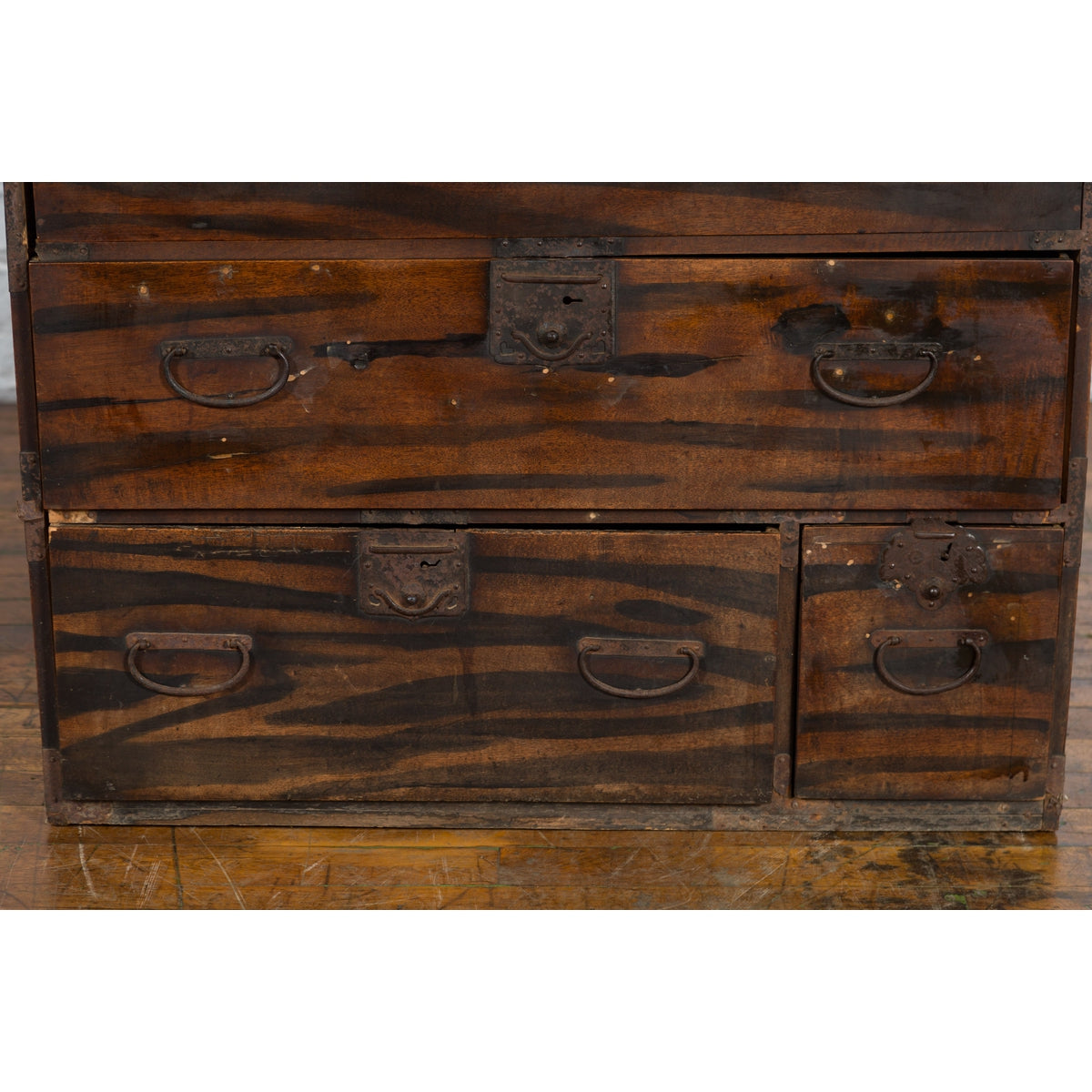 Japanese Meiji Zebra Wood Tansu Chest in Isho-Dansu Style with Five Drawers-7. Asian & Chinese Furniture, Art, Antiques, Vintage Home Décor for sale at FEA Home