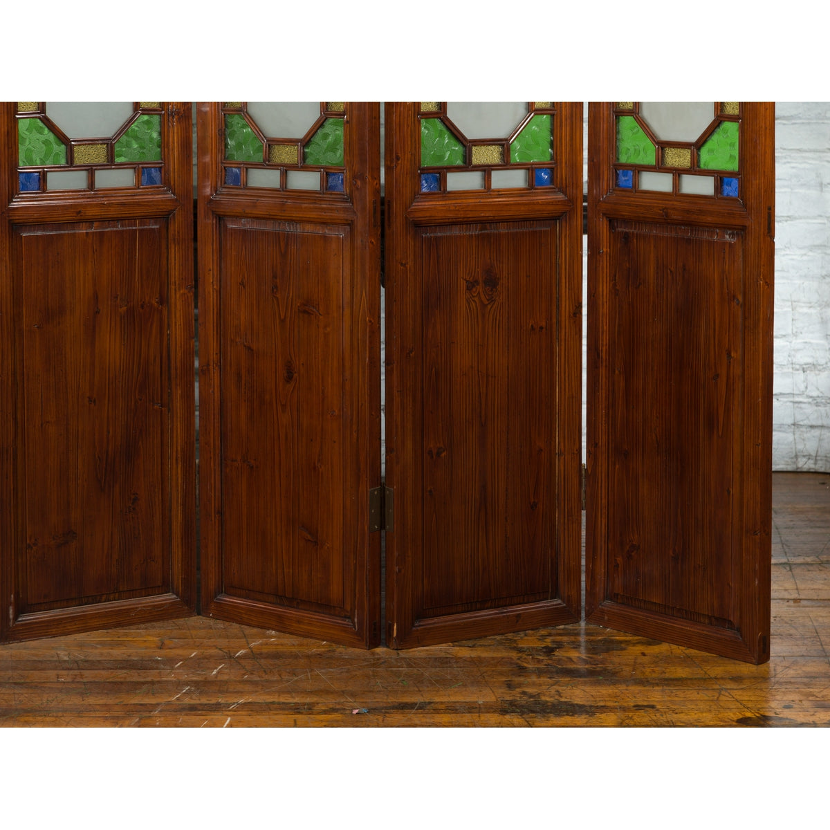 Chinese Antique Six-Panel Folding Screen with Stained Glass Geometric Motifs-9. Asian & Chinese Furniture, Art, Antiques, Vintage Home Décor for sale at FEA Home