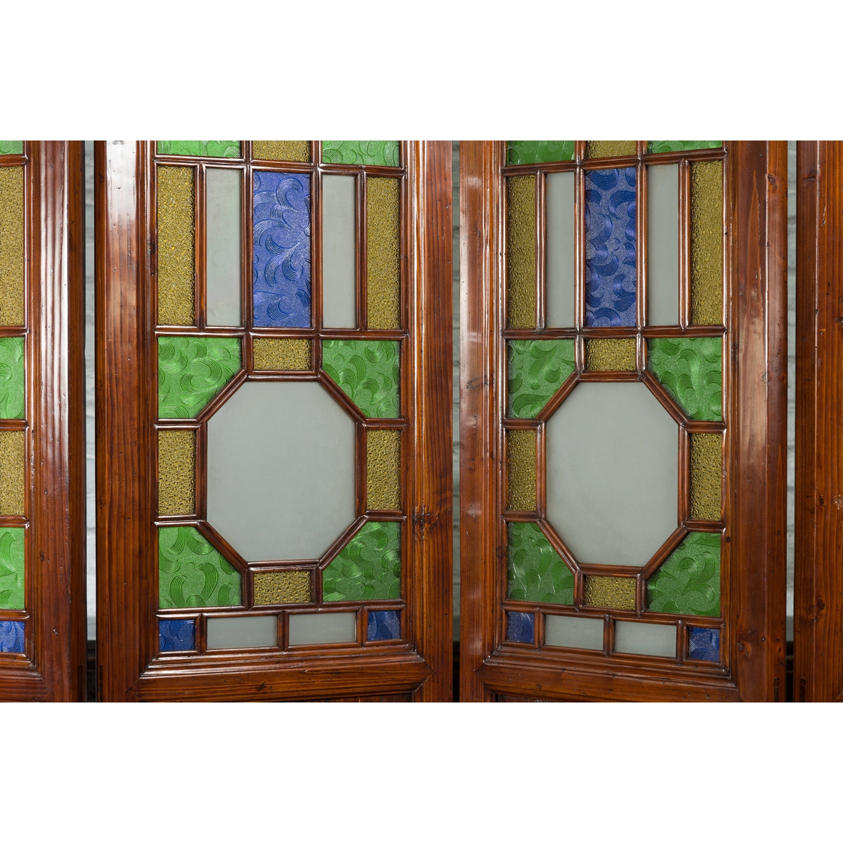 Chinese Antique Six-Panel Folding Screen with Stained Glass Geometric Motifs-10. Asian & Chinese Furniture, Art, Antiques, Vintage Home Décor for sale at FEA Home