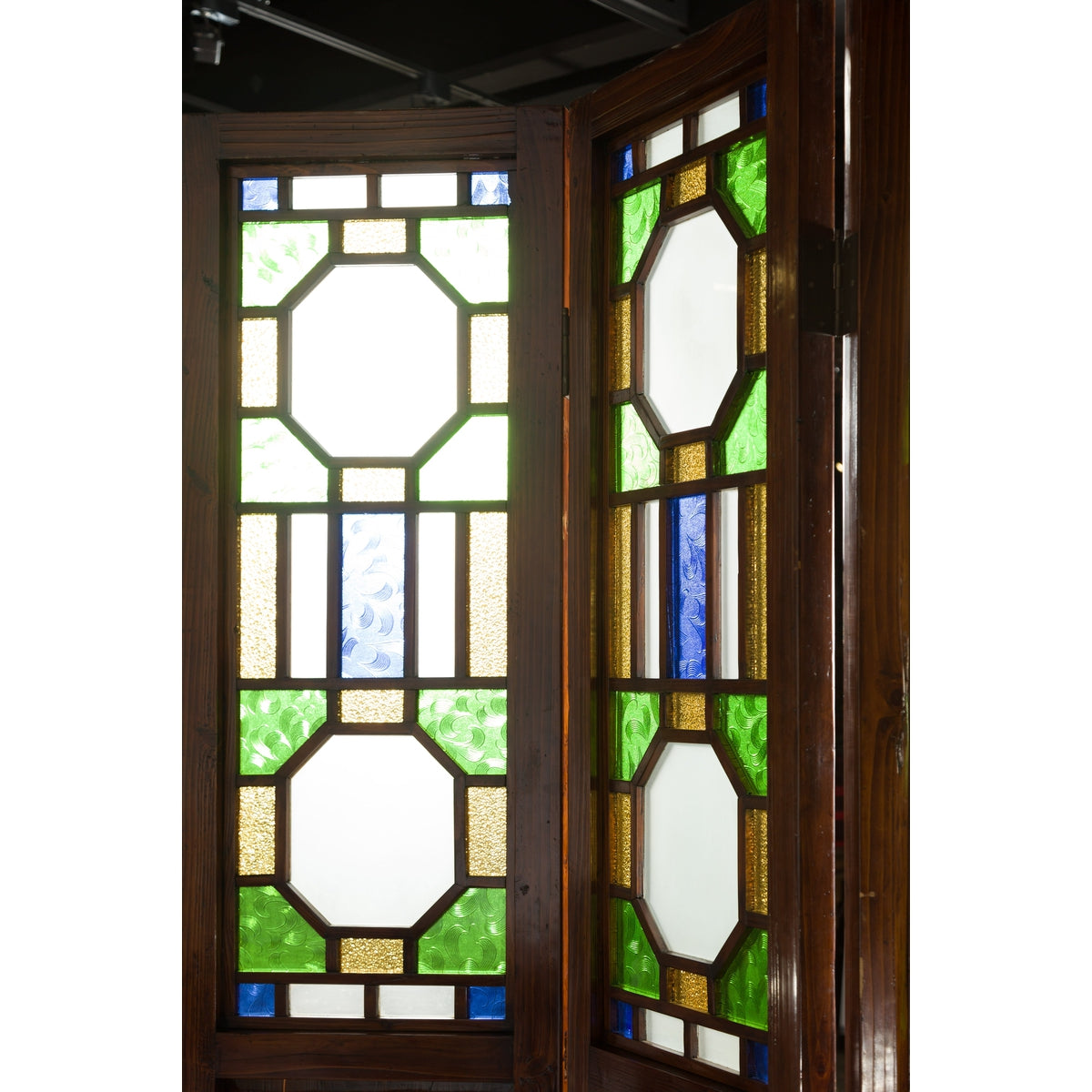 Chinese Antique Six-Panel Folding Screen with Stained Glass Geometric Motifs-14. Asian & Chinese Furniture, Art, Antiques, Vintage Home Décor for sale at FEA Home