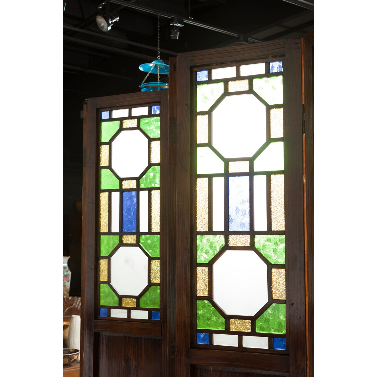 Chinese Antique Six-Panel Folding Screen with Stained Glass Geometric Motifs-15. Asian & Chinese Furniture, Art, Antiques, Vintage Home Décor for sale at FEA Home
