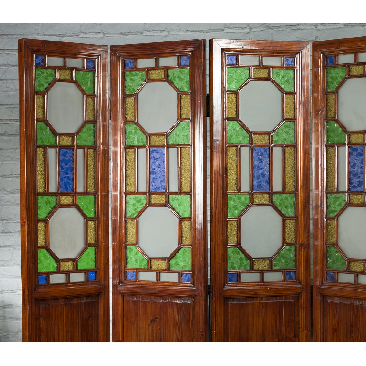 Chinese Antique Six-Panel Folding Screen with Stained Glass Geometric Motifs-3. Asian & Chinese Furniture, Art, Antiques, Vintage Home Décor for sale at FEA Home