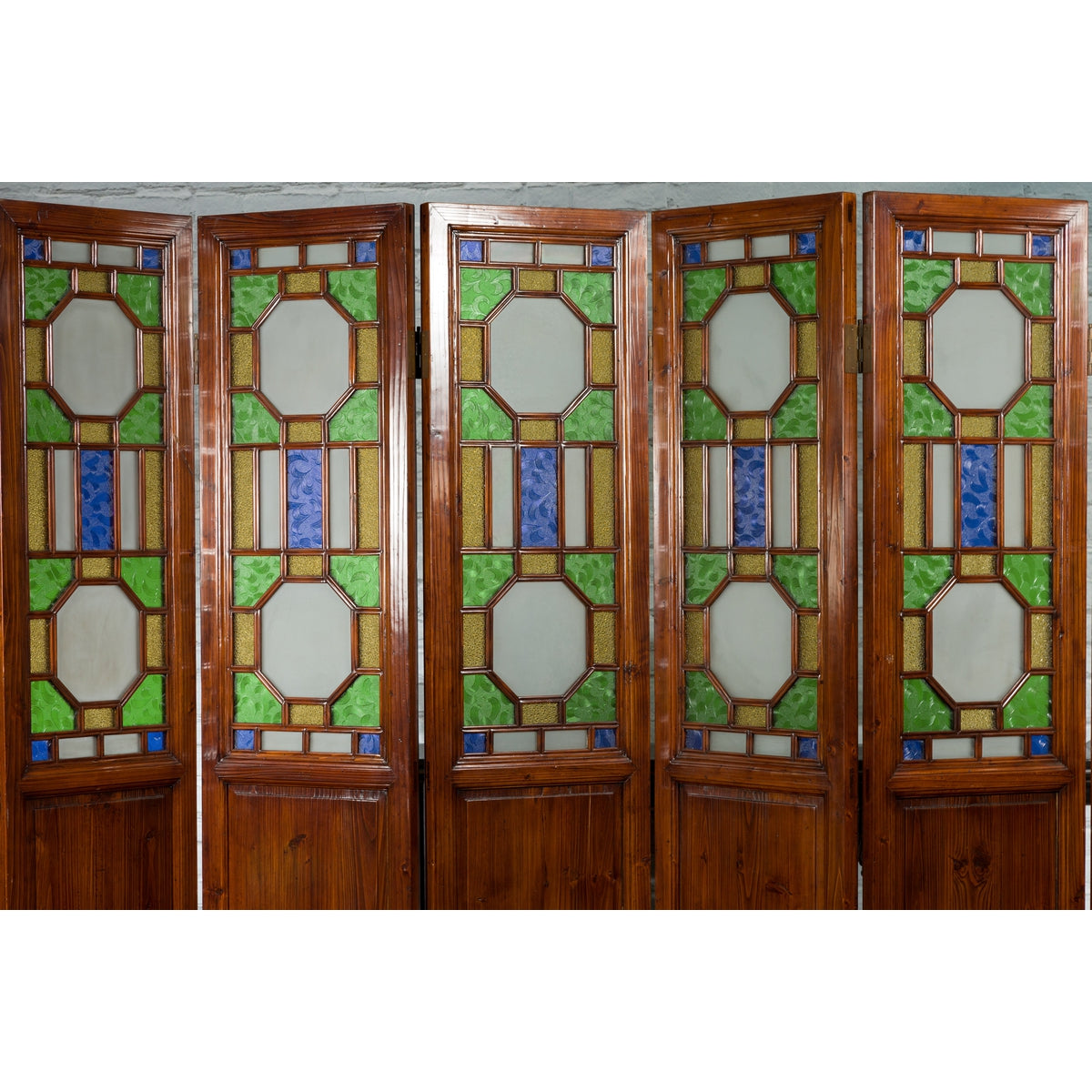 Chinese Antique Six-Panel Folding Screen with Stained Glass Geometric Motifs-4. Asian & Chinese Furniture, Art, Antiques, Vintage Home Décor for sale at FEA Home