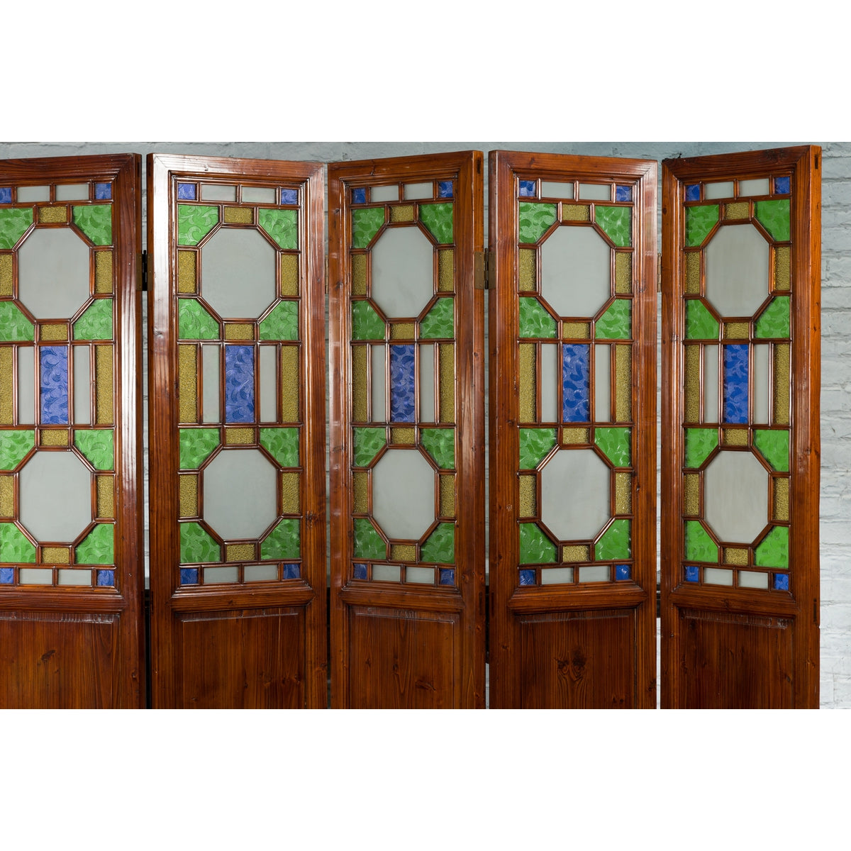 Chinese Antique Six-Panel Folding Screen with Stained Glass Geometric Motifs-5. Asian & Chinese Furniture, Art, Antiques, Vintage Home Décor for sale at FEA Home