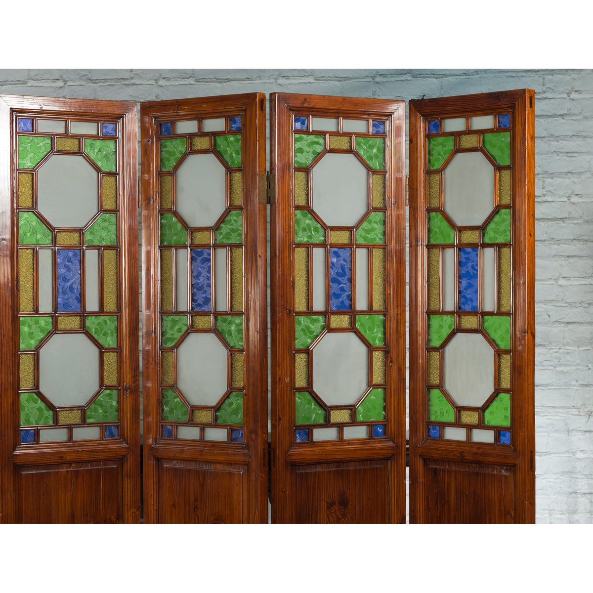 Chinese Antique Six-Panel Folding Screen with Stained Glass Geometric Motifs-6. Asian & Chinese Furniture, Art, Antiques, Vintage Home Décor for sale at FEA Home