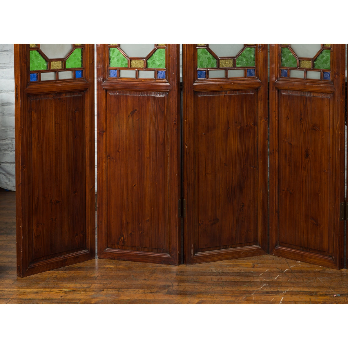 Chinese Antique Six-Panel Folding Screen with Stained Glass Geometric Motifs-7. Asian & Chinese Furniture, Art, Antiques, Vintage Home Décor for sale at FEA Home