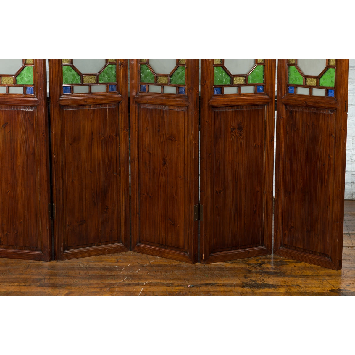 Chinese Antique Six-Panel Folding Screen with Stained Glass Geometric Motifs-8. Asian & Chinese Furniture, Art, Antiques, Vintage Home Décor for sale at FEA Home