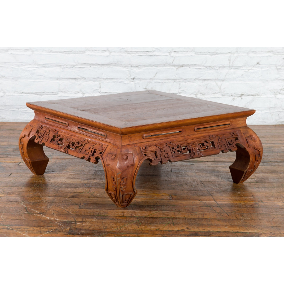 Small Vintage Indonesian Coffee Table with Scroll-Carved Apron and Chow Legs-6. Asian & Chinese Furniture, Art, Antiques, Vintage Home Décor for sale at FEA Home
