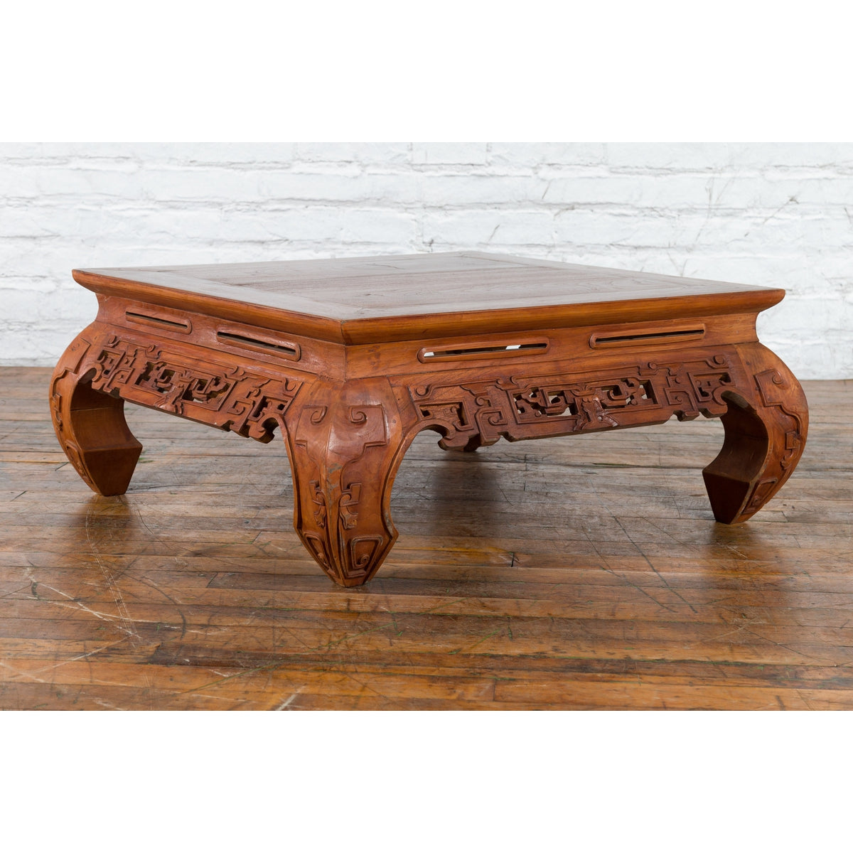 Small Vintage Indonesian Coffee Table with Scroll-Carved Apron and Chow Legs-7. Asian & Chinese Furniture, Art, Antiques, Vintage Home Décor for sale at FEA Home