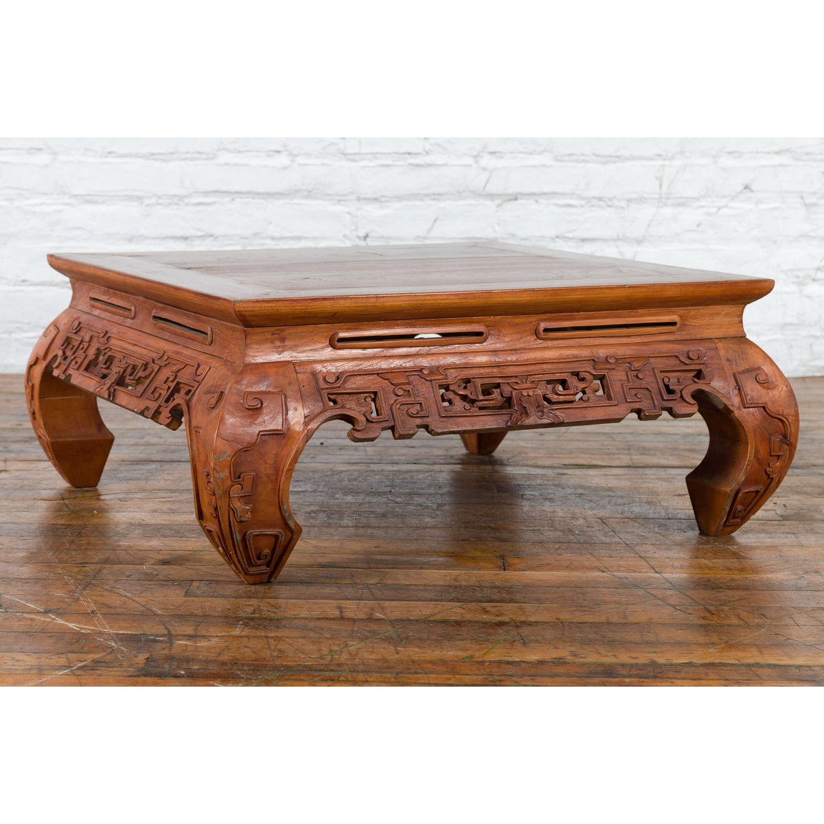 Small Vintage Indonesian Coffee Table with Scroll-Carved Apron and Chow Legs-3. Asian & Chinese Furniture, Art, Antiques, Vintage Home Décor for sale at FEA Home