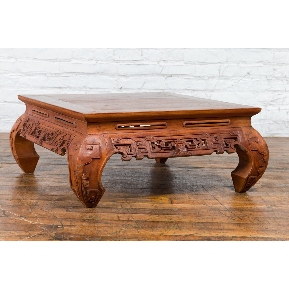 Small Vintage Indonesian Coffee Table with Scroll-Carved Apron and Chow Legs-8. Asian & Chinese Furniture, Art, Antiques, Vintage Home Décor for sale at FEA Home