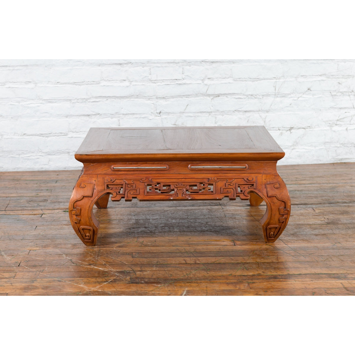 Small Vintage Indonesian Coffee Table with Scroll-Carved Apron and Chow Legs-10. Asian & Chinese Furniture, Art, Antiques, Vintage Home Décor for sale at FEA Home