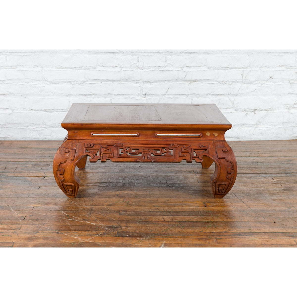 Small Vintage Indonesian Coffee Table with Scroll-Carved Apron and Chow Legs-12. Asian & Chinese Furniture, Art, Antiques, Vintage Home Décor for sale at FEA Home