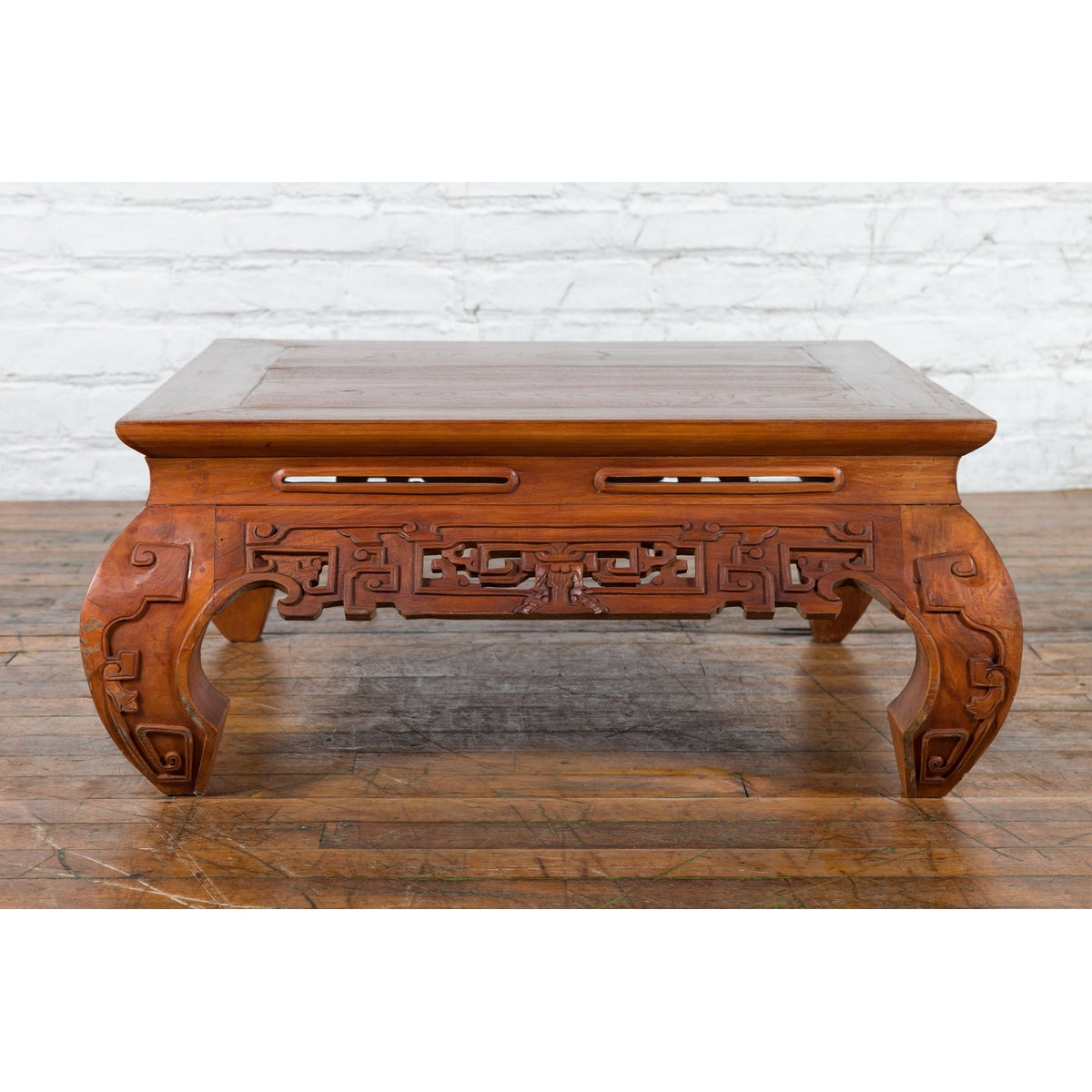 Small Vintage Indonesian Coffee Table with Scroll-Carved Apron and Chow Legs-4. Asian & Chinese Furniture, Art, Antiques, Vintage Home Décor for sale at FEA Home
