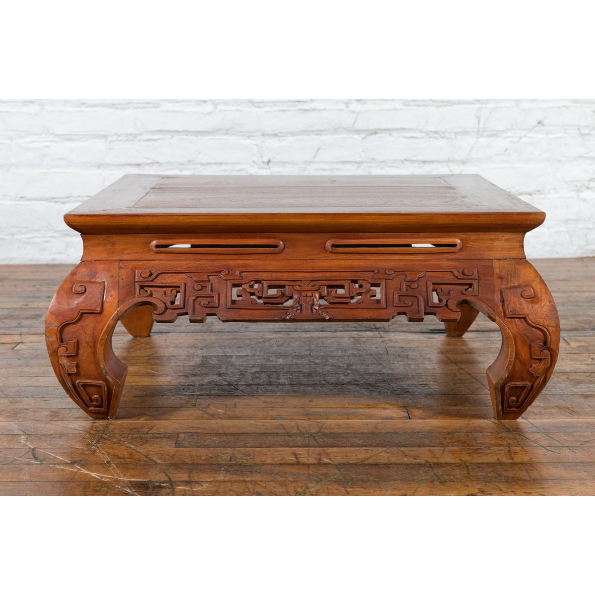 Small Vintage Indonesian Coffee Table with Scroll-Carved Apron and Chow Legs-5. Asian & Chinese Furniture, Art, Antiques, Vintage Home Décor for sale at FEA Home