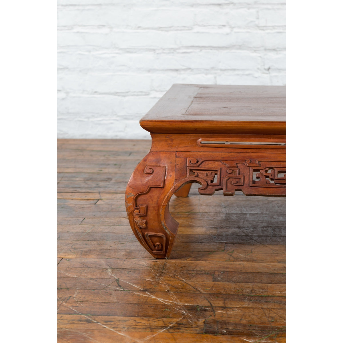 Small Vintage Indonesian Coffee Table with Scroll-Carved Apron and Chow Legs-13. Asian & Chinese Furniture, Art, Antiques, Vintage Home Décor for sale at FEA Home