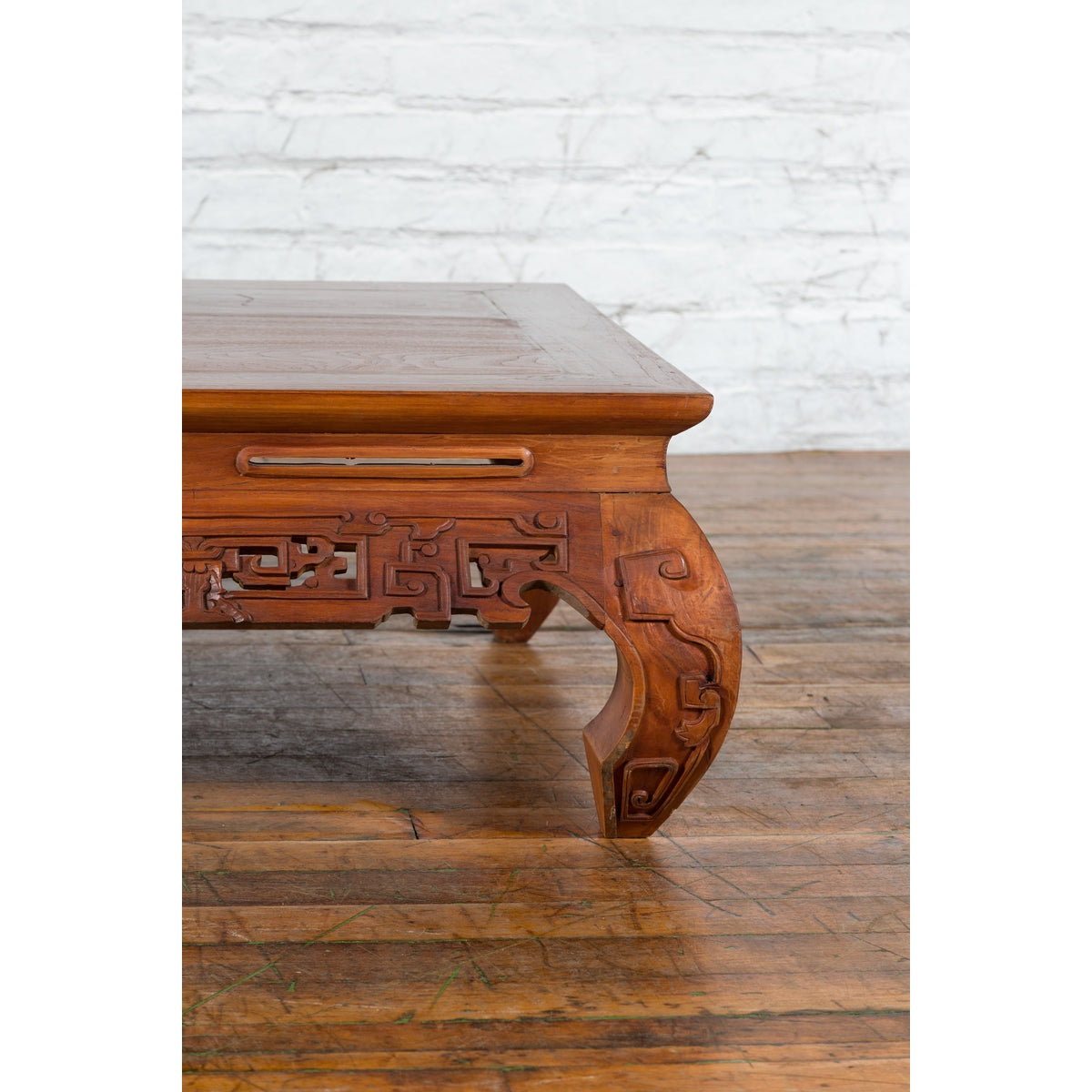 Small Vintage Indonesian Coffee Table with Scroll-Carved Apron and Chow Legs-14. Asian & Chinese Furniture, Art, Antiques, Vintage Home Décor for sale at FEA Home