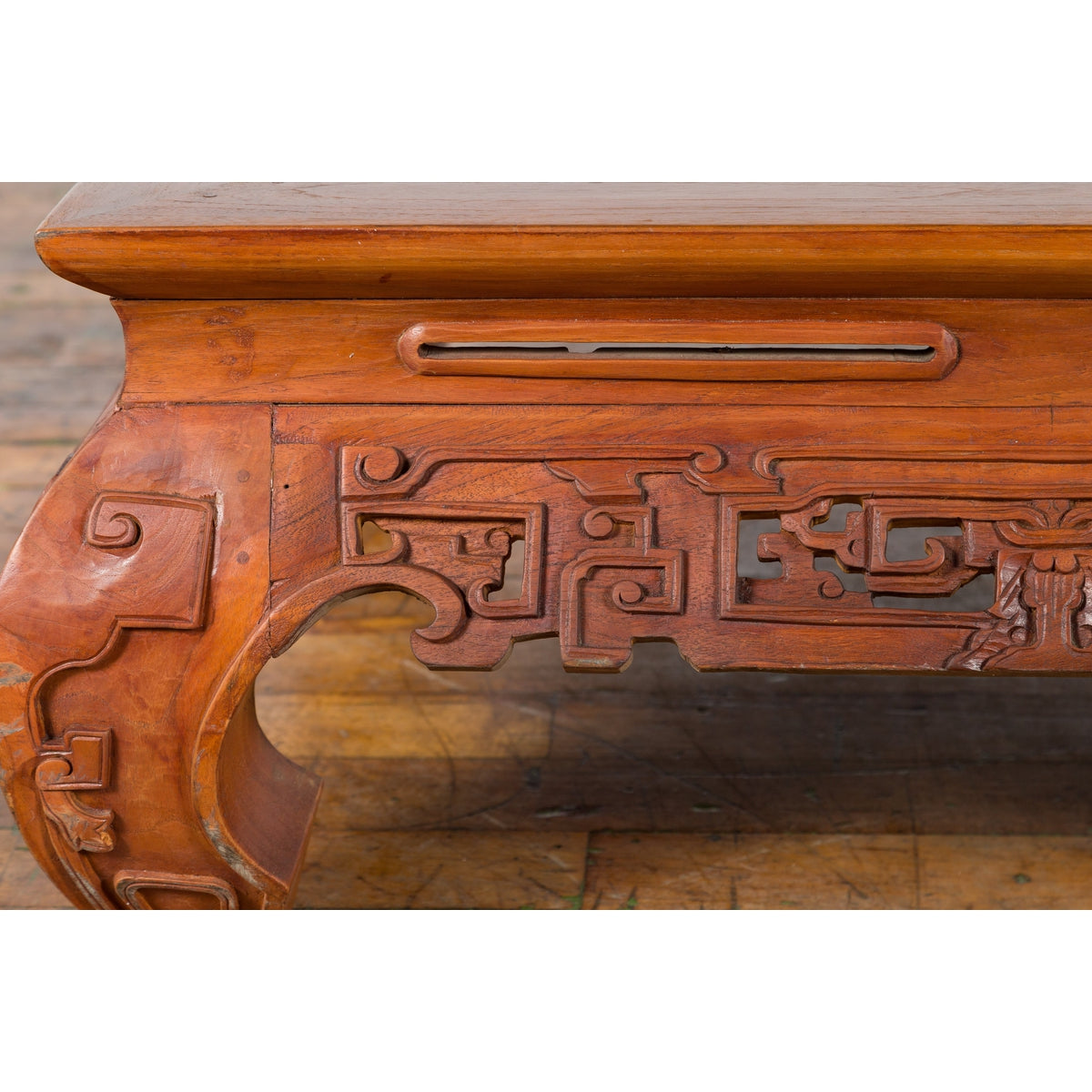 Small Vintage Indonesian Coffee Table with Scroll-Carved Apron and Chow Legs-9. Asian & Chinese Furniture, Art, Antiques, Vintage Home Décor for sale at FEA Home