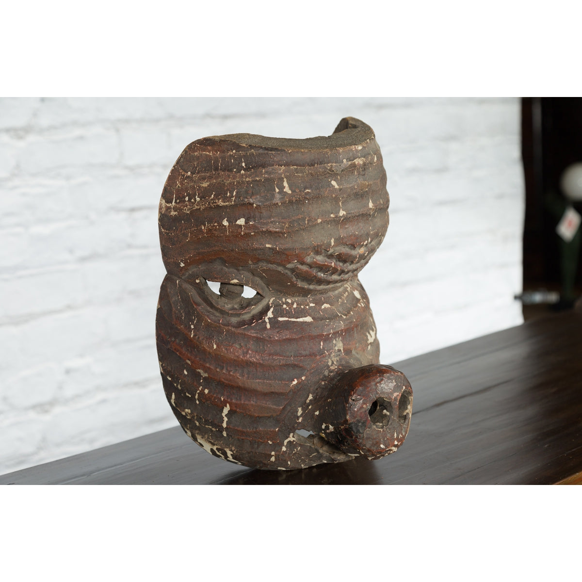Antique Thai Tribal Carved Wooden Mask Depicting a Swine with Pierced Eyes-7. Asian & Chinese Furniture, Art, Antiques, Vintage Home Décor for sale at FEA Home