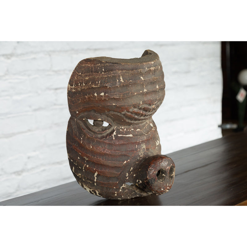 Antique Thai Tribal Carved Wooden Mask Depicting a Swine with Pierced Eyes-YNE560-7. Asian & Chinese Furniture, Art, Antiques, Vintage Home Décor for sale at FEA Home
