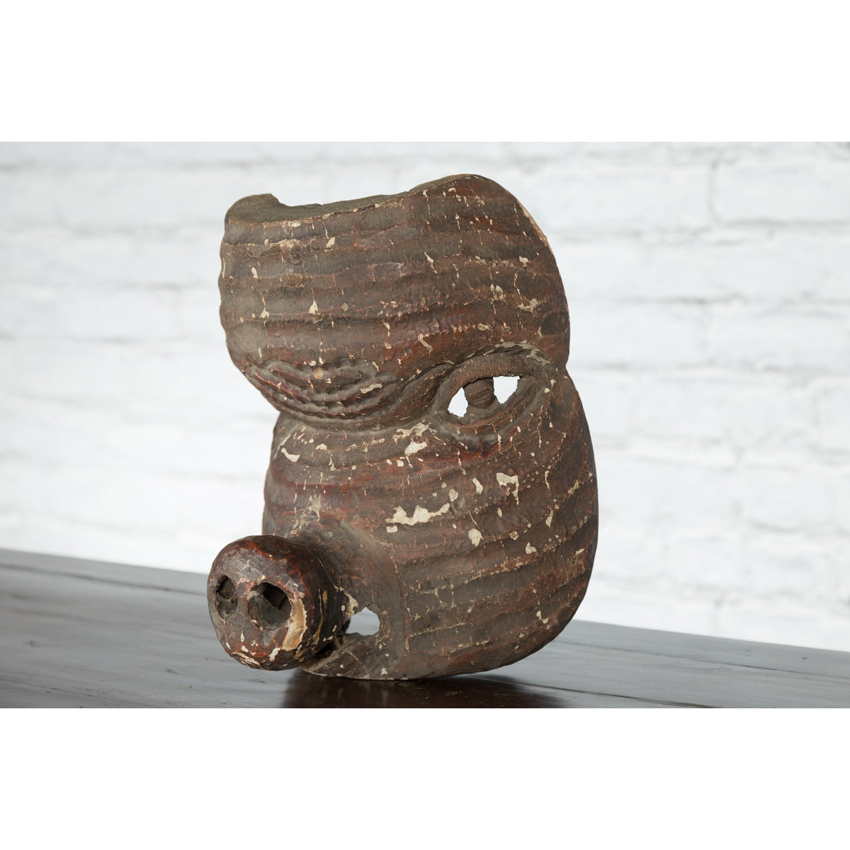 Antique Thai Tribal Carved Wooden Mask Depicting a Swine with Pierced Eyes-8. Asian & Chinese Furniture, Art, Antiques, Vintage Home Décor for sale at FEA Home
