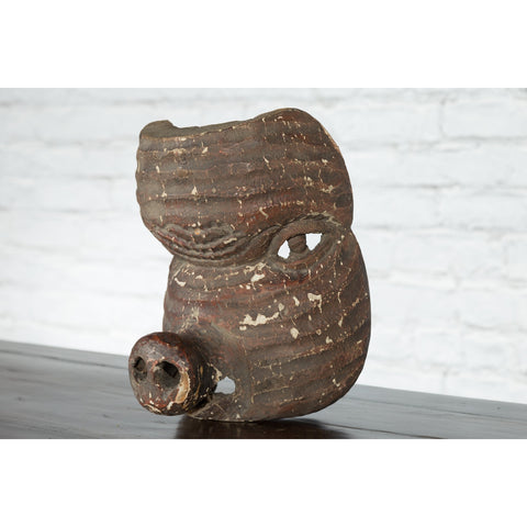 Antique Thai Tribal Carved Wooden Mask Depicting a Swine with Pierced Eyes-YNE560-8. Asian & Chinese Furniture, Art, Antiques, Vintage Home Décor for sale at FEA Home