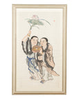 Framed Painting of Two Japanese Buddhist Monks with Lotus Flower and Wicker Box-1. Asian & Chinese Furniture, Art, Antiques, Vintage Home Décor for sale at FEA Home