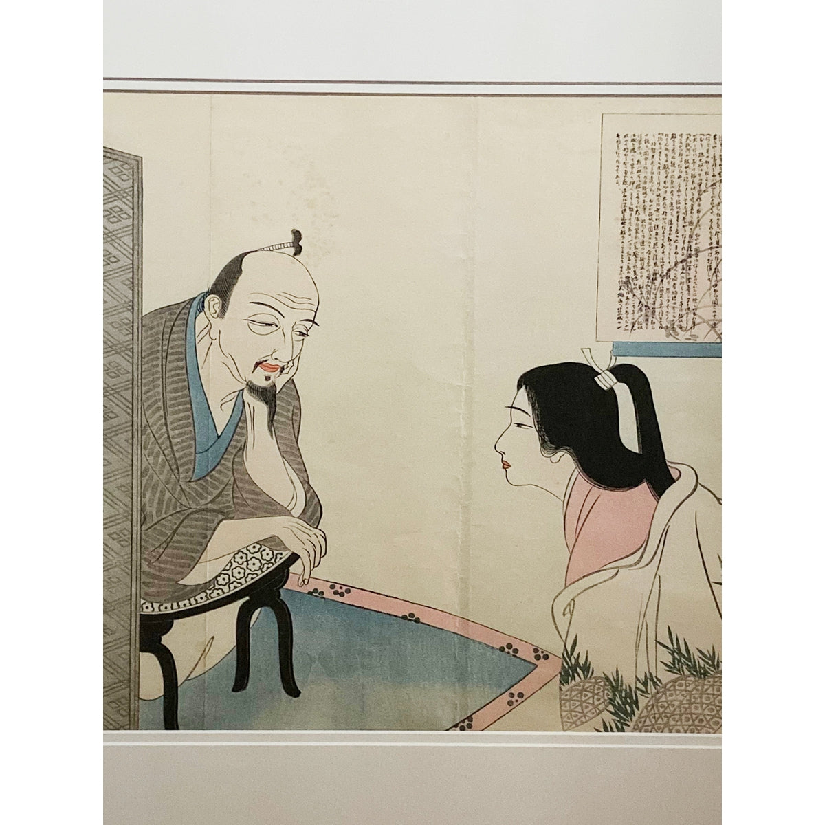 Antique Japanese Framed Woodblock Print Depicting a Man and Woman Discussing-6. Asian & Chinese Furniture, Art, Antiques, Vintage Home Décor for sale at FEA Home