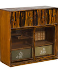 Brown zebra wood tansu chest with sliding doors, four drawers, and open shelves, Japanese 19th century.
