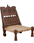 Antique Indian Rustic Low Seat Wooden Chair with Carved Rosettes and Twine Seat-1. Asian & Chinese Furniture, Art, Antiques, Vintage Home Décor for sale at FEA Home