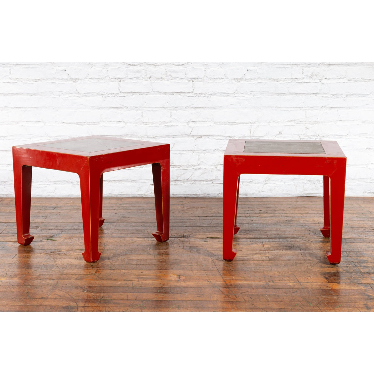 Pair of Chinese Red Lacquer Side Tables with Qing Dynasty Stone Garden Tiles-10. Asian & Chinese Furniture, Art, Antiques, Vintage Home Décor for sale at FEA Home