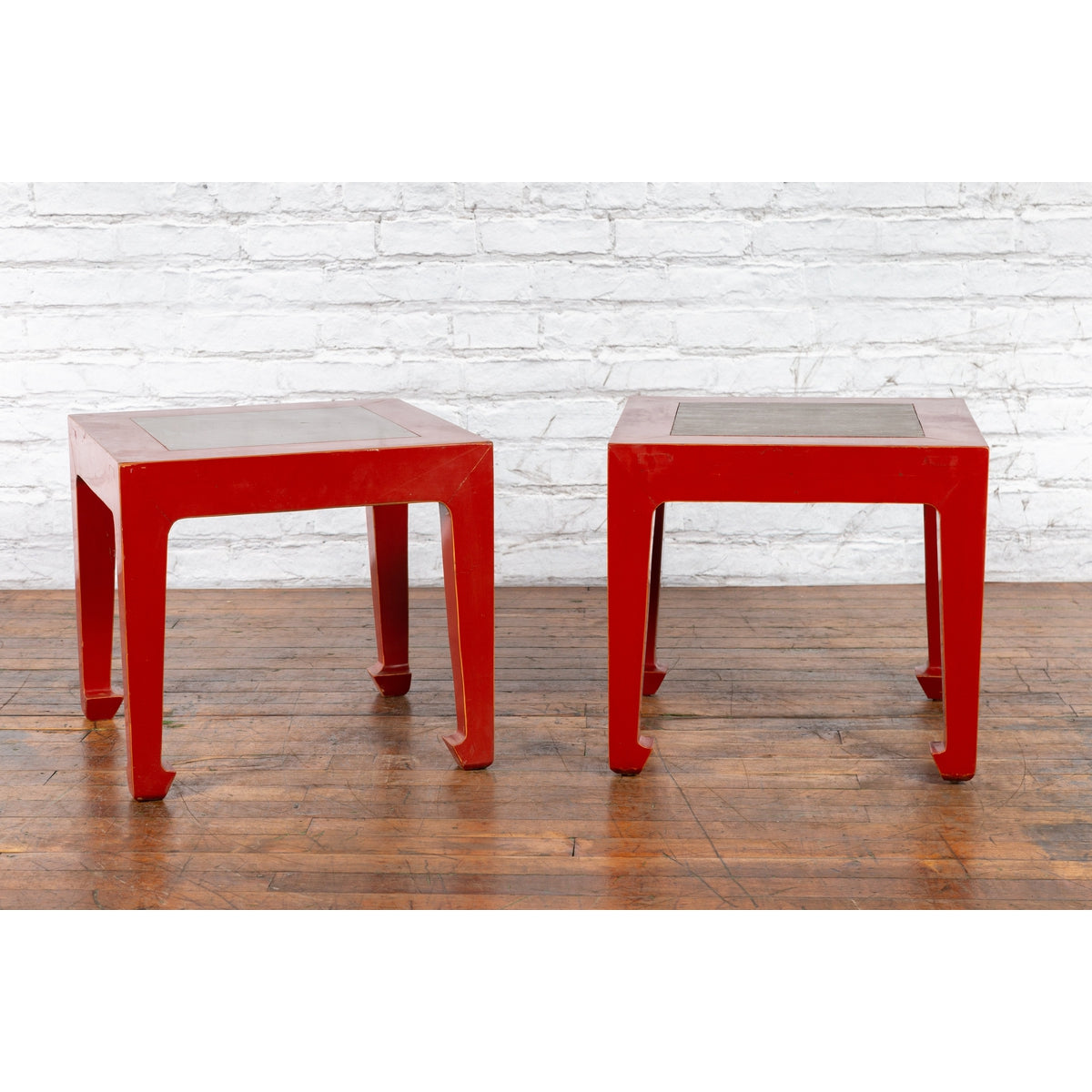 Pair of Chinese Red Lacquer Side Tables with Qing Dynasty Stone Garden Tiles-3. Asian & Chinese Furniture, Art, Antiques, Vintage Home Décor for sale at FEA Home