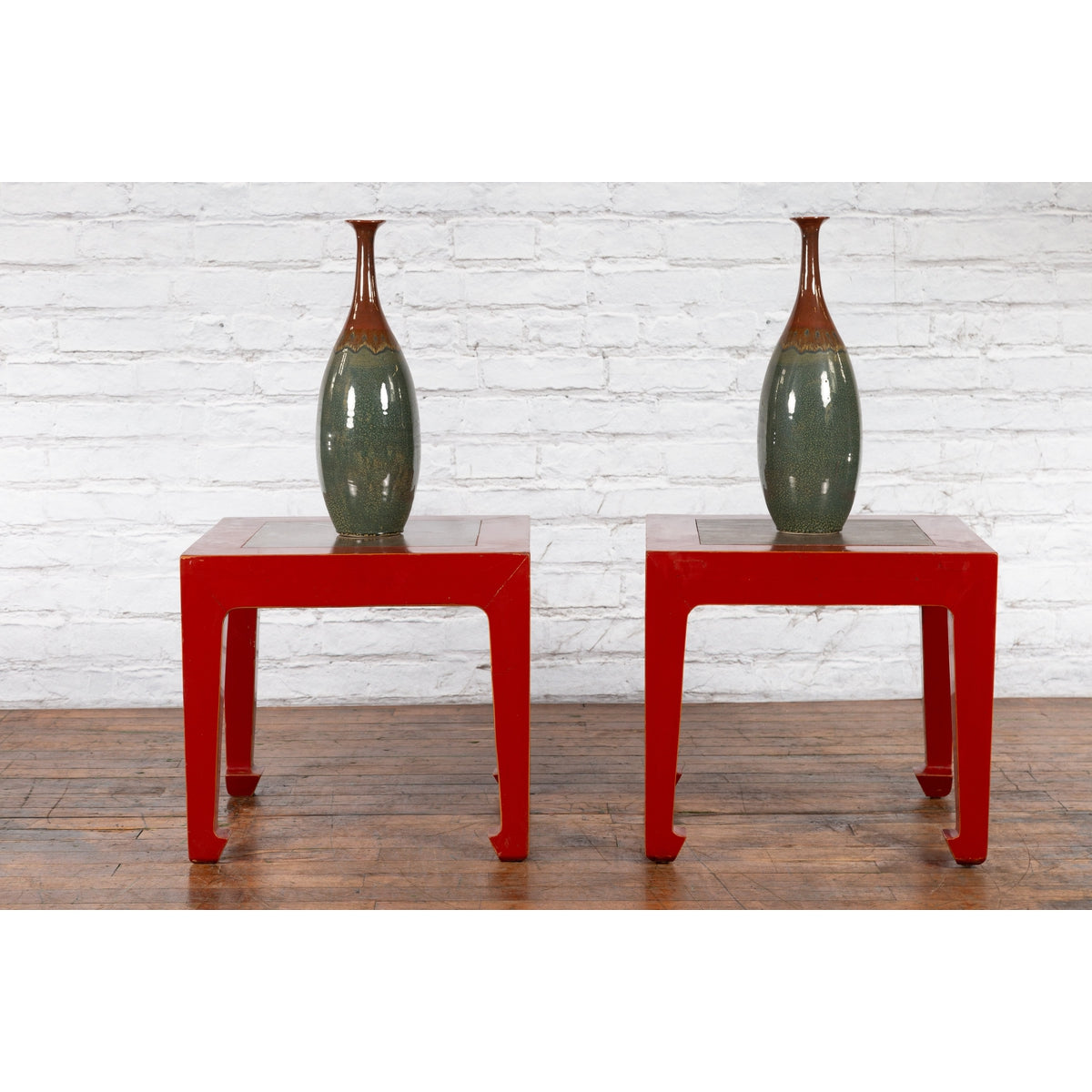 Pair of Chinese Red Lacquer Side Tables with Qing Dynasty Stone Garden Tiles-4. Asian & Chinese Furniture, Art, Antiques, Vintage Home Décor for sale at FEA Home