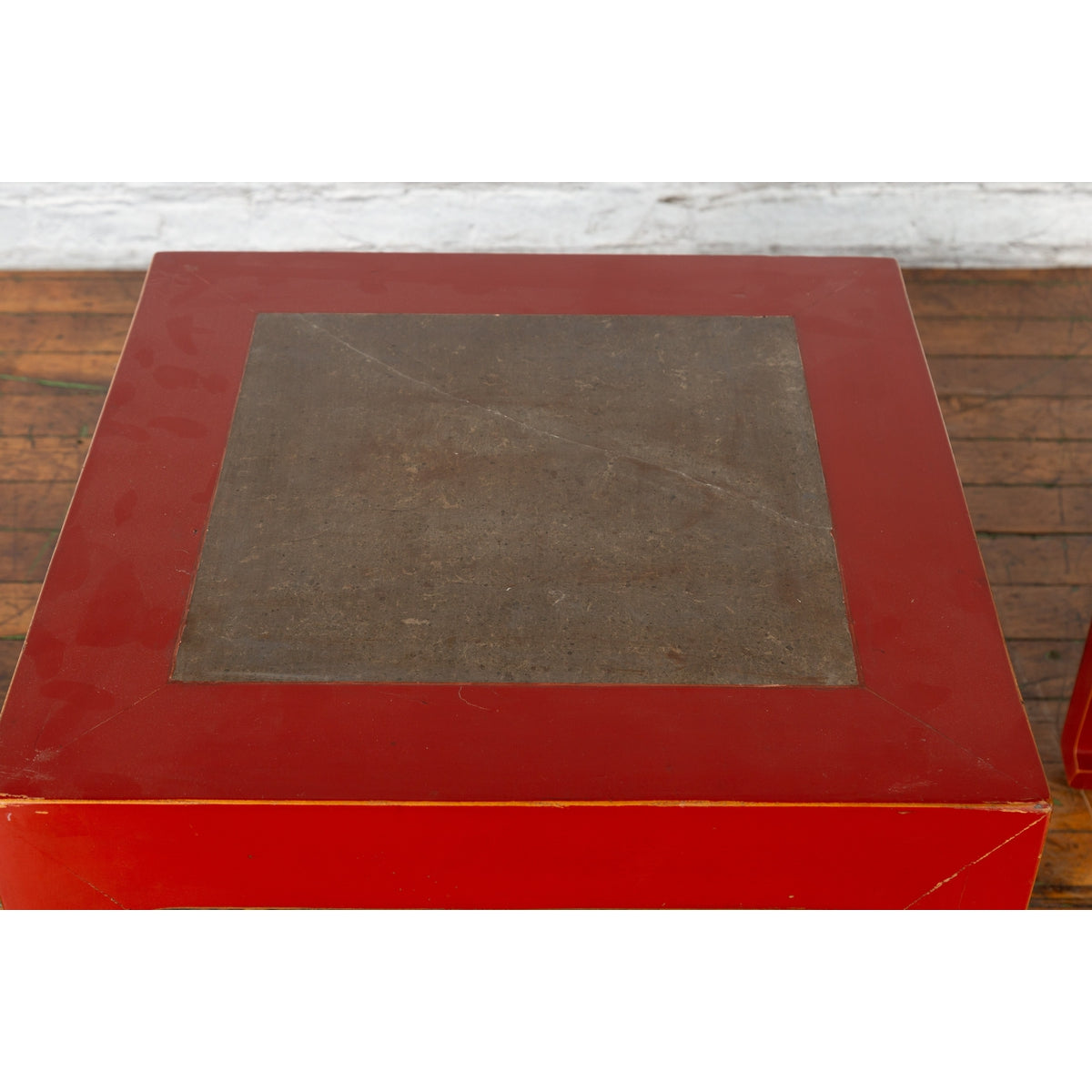 Pair of Chinese Red Lacquer Side Tables with Qing Dynasty Stone Garden Tiles-6. Asian & Chinese Furniture, Art, Antiques, Vintage Home Décor for sale at FEA Home