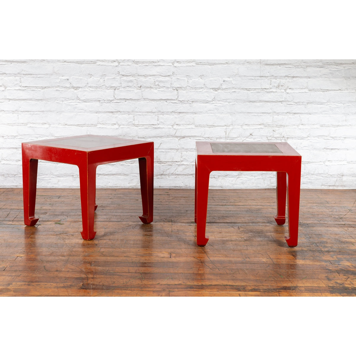 Pair of Chinese Red Lacquer Side Tables with Qing Dynasty Stone Garden Tiles-7. Asian & Chinese Furniture, Art, Antiques, Vintage Home Décor for sale at FEA Home