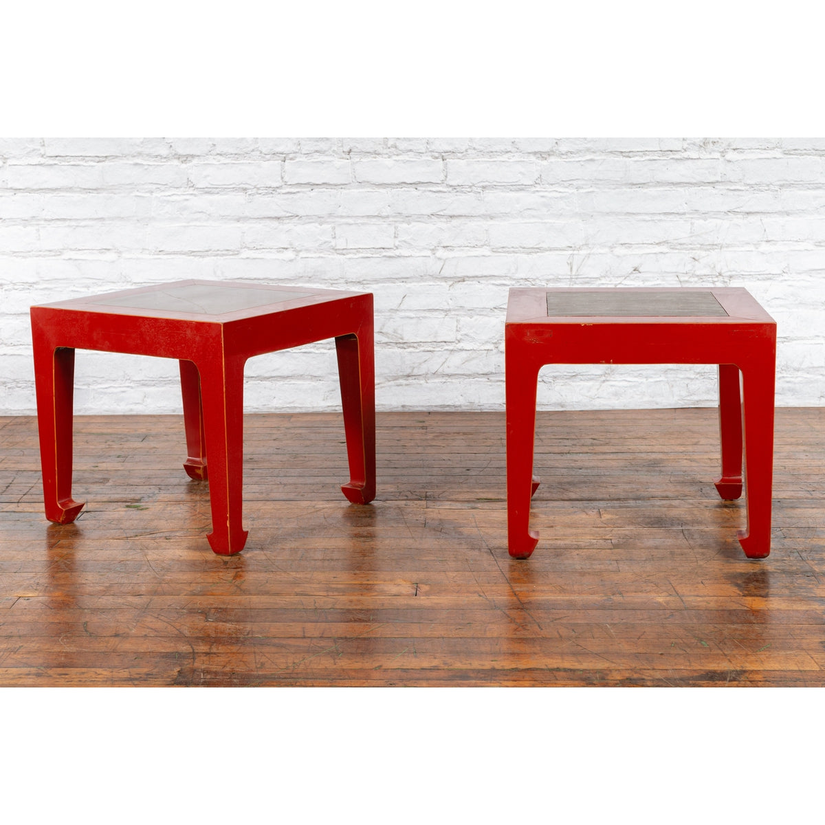 Pair of Chinese Red Lacquer Side Tables with Qing Dynasty Stone Garden Tiles-8. Asian & Chinese Furniture, Art, Antiques, Vintage Home Décor for sale at FEA Home