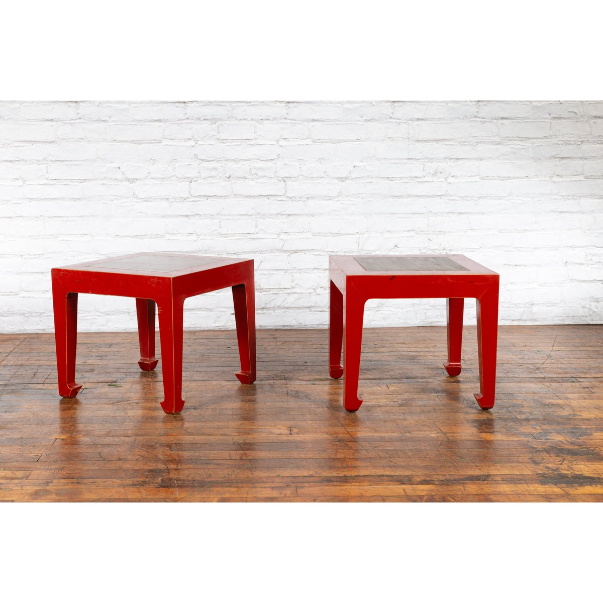 Pair of Chinese Red Lacquer Side Tables with Qing Dynasty Stone Garden Tiles-9. Asian & Chinese Furniture, Art, Antiques, Vintage Home Décor for sale at FEA Home