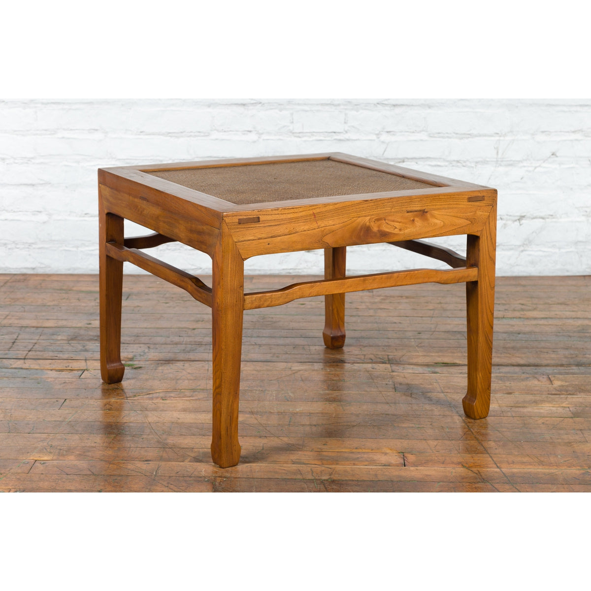 Qing Dynasty Elmwood Square Side Table with Rattan Top and Humpback Stretchers-12. Asian & Chinese Furniture, Art, Antiques, Vintage Home Décor for sale at FEA Home