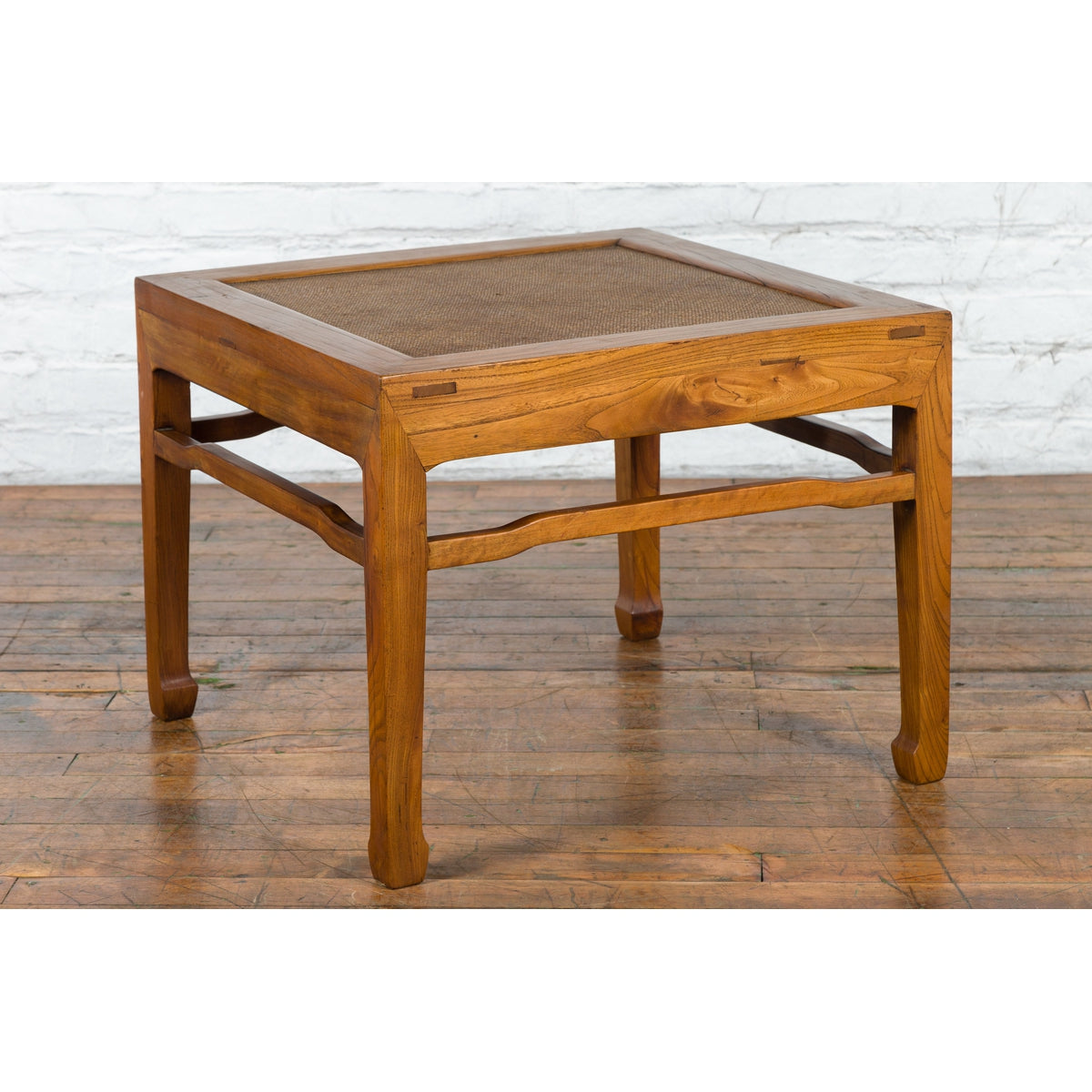 Qing Dynasty Elmwood Square Side Table with Rattan Top and Humpback Stretchers-13. Asian & Chinese Furniture, Art, Antiques, Vintage Home Décor for sale at FEA Home
