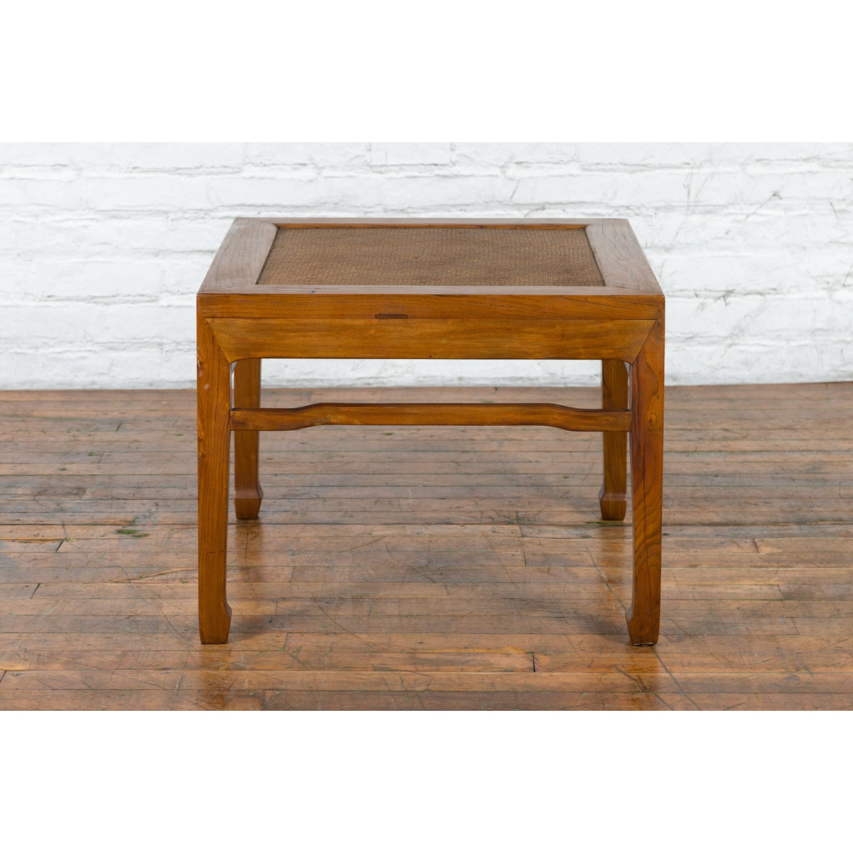 Qing Dynasty Elmwood Square Side Table with Rattan Top and Humpback Stretchers-14. Asian & Chinese Furniture, Art, Antiques, Vintage Home Décor for sale at FEA Home