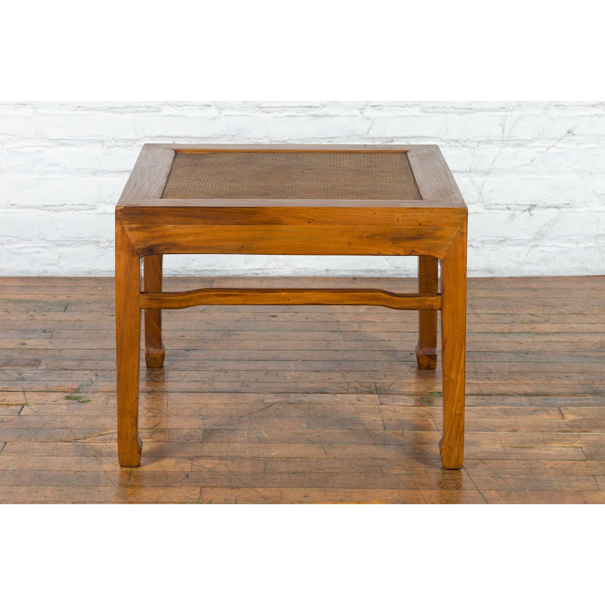 Qing Dynasty Elmwood Square Side Table with Rattan Top and Humpback Stretchers-16. Asian & Chinese Furniture, Art, Antiques, Vintage Home Décor for sale at FEA Home